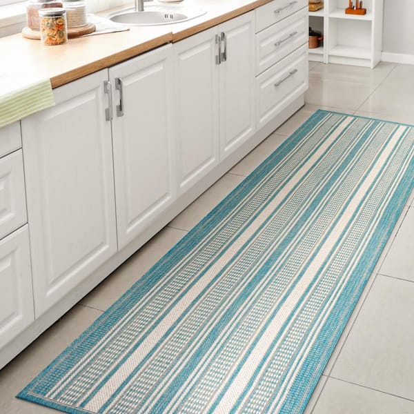 JONATHAN Y Haynes Modern Double Stripe Aqua/Beige 2 ft. x 8 ft. Indoor/Outdoor Area Rug