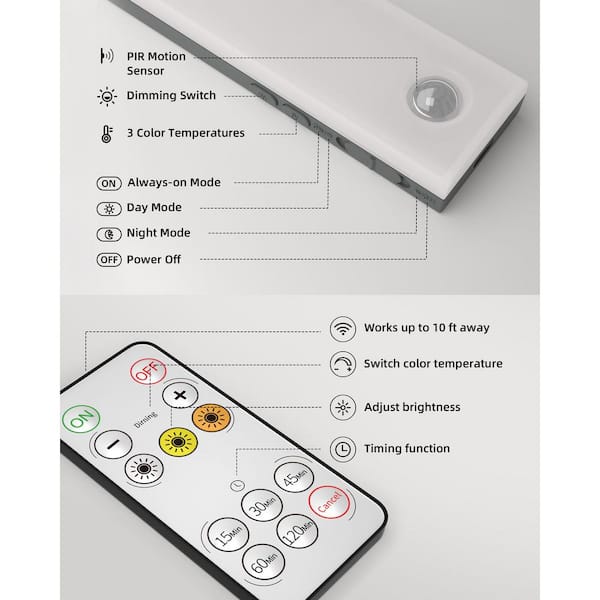 9.06 in. 3-Pack Battery Operated Wireless USB Charging White Integrated LED Linkable Under Cabinet Light, Closet Light