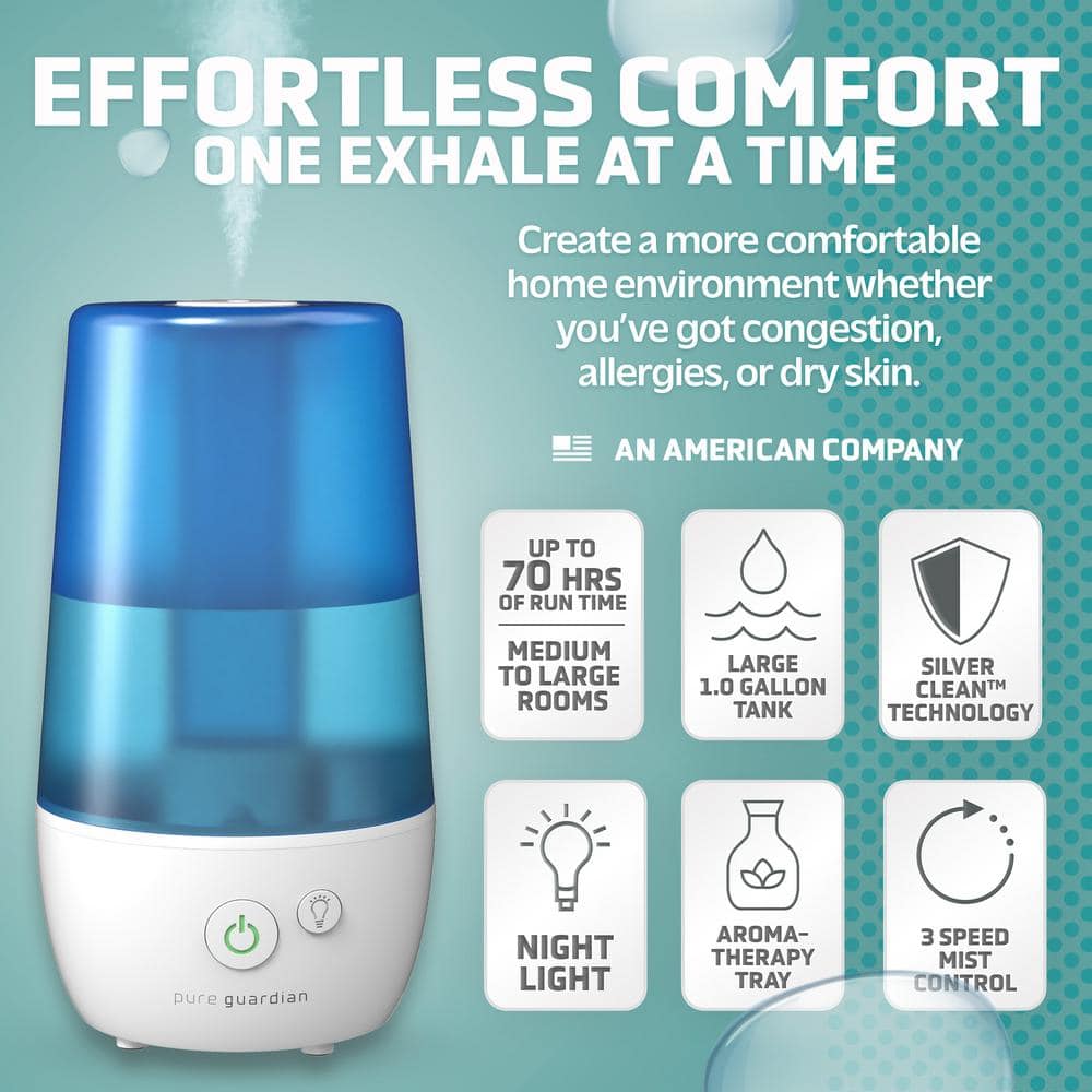 Compact Blue and White Ultrasonic Cool Mist Humidifier with Automatic Shutoff