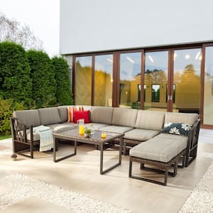 Wicker Brown 10-Piece Wicker Patio Conversation Set with Gray Cushions