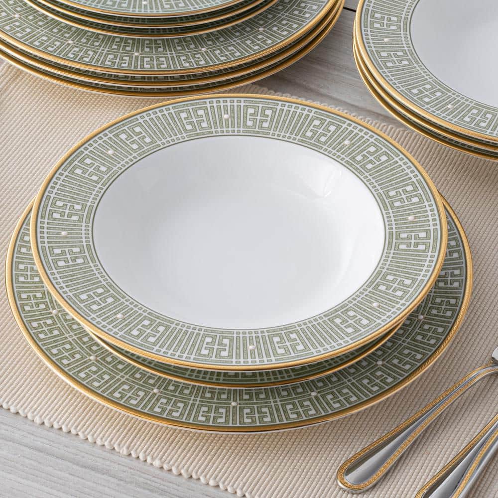 Green and Gold Porcelain 12-Piece Dinnerware Set, Service for 4