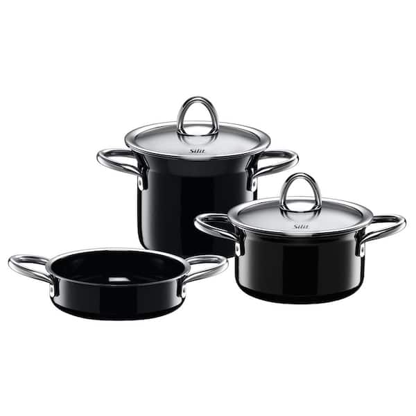 WMF Silit 5-Piece Set in Basic Black (2 Qt. High Casserole, 2 Qt. Stockpot, 6 in. Fry/Serve Pan, 2-Glass Lids/Universal)