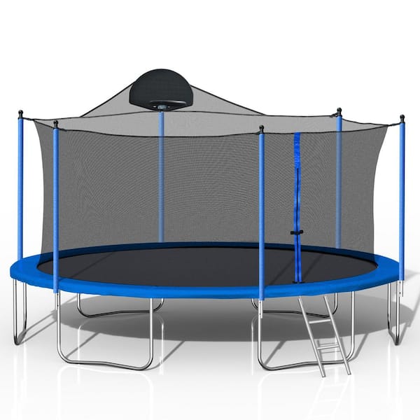 Sudzendf 14 FT Blue Outdoor Trampoline with Basketball Hoop, Ladder and Safety Enclosure Net for Kids and Adults