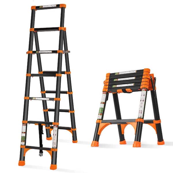 Angel Sar 65 in.+ 77 in. 330 lb. A-Frame Aluminum Telescopic Ladder, Adjustable Portable Extension Ladder for Home or RV Work