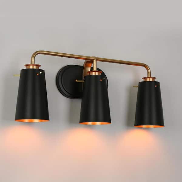 Santarbara 22.5 in. Modern 3-light Flat Black Cylinder Bathroom Wall Sconce, Dark Gold Vanity Light for Powder Room