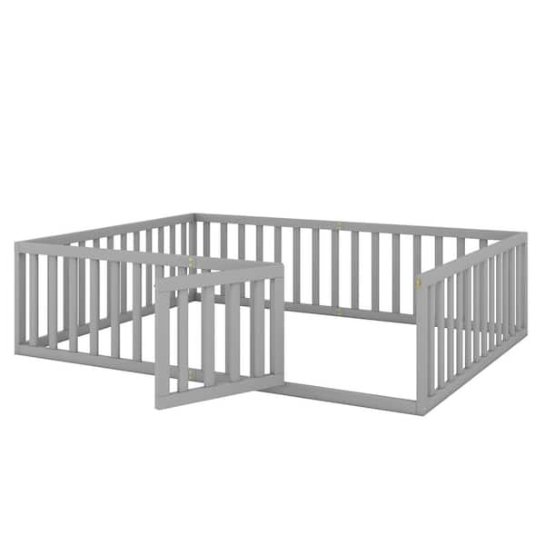 Gray Wood Frame Queen Size Platform Bed with Fence and Door