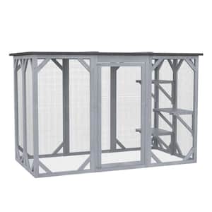 71 in. L Grey Wooden Outdoor Cat House with Asphalt Roof, Multi-Level Platforms, and Large Enter Door