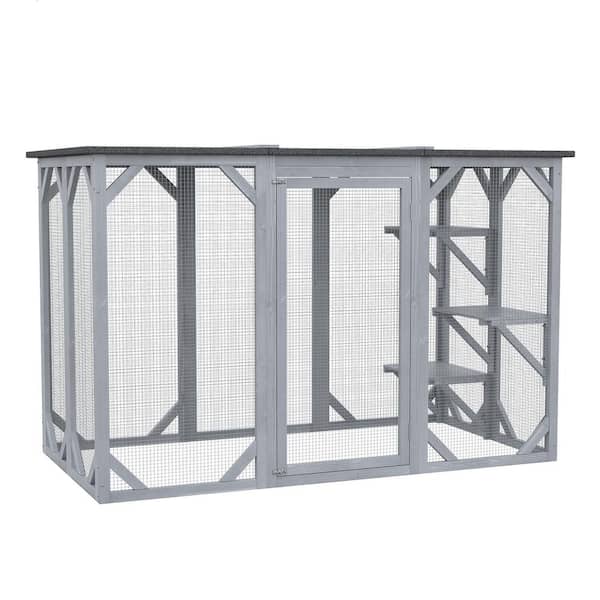 PawHut D32-002GY 71 in. L Grey Wooden Outdoor Cat House with Asphalt Roof, Multi-Level Platforms, and Large Enter Door - 1
