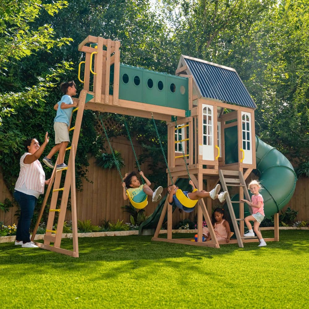 Skyway Resort Wooden Outdoor Swing Set with Slides and Playhouse