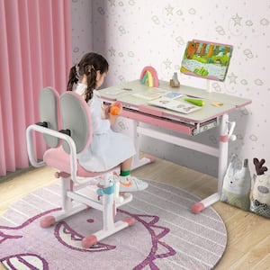 Height-Adjustable Kids Desk Children Study Table with Tilt Desktop & Book Stand Pink