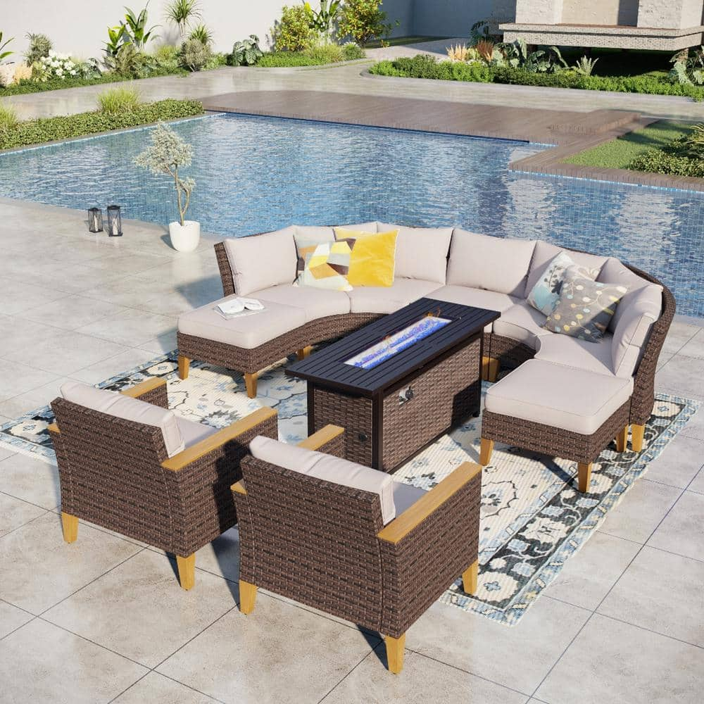 Brown Rattan Wicker 9-Seat 10-Piece Steel Outdoor Fire Pit Patio Set with Beige Cushions and Rectangular Fire Pit Table -  PHI VILLA, DF10BE010405063