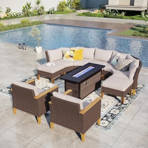 Brown Rattan Wicker 9-Seat 10-Piece Steel Outdoor Fire Pit Patio Set with Beige Cushions and Rectangular Fire Pit Table