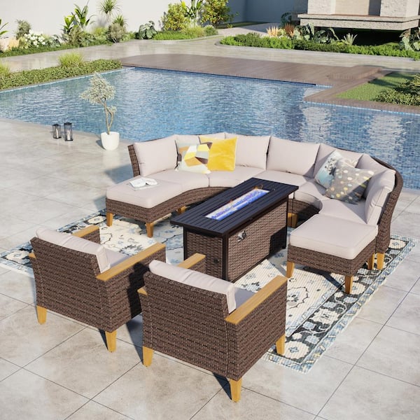 PHI VILLA Brown Rattan Wicker 9-Seat 10-Piece Steel Outdoor Fire Pit Patio Set with Beige Cushions and Rectangular Fire Pit Table