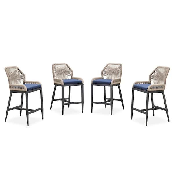 Modern Aluminum Twill Wicker Woven Counter Height Outdoor Bar Stool with Back and Sunbrella Navy Blue Cushion (4-Pack)