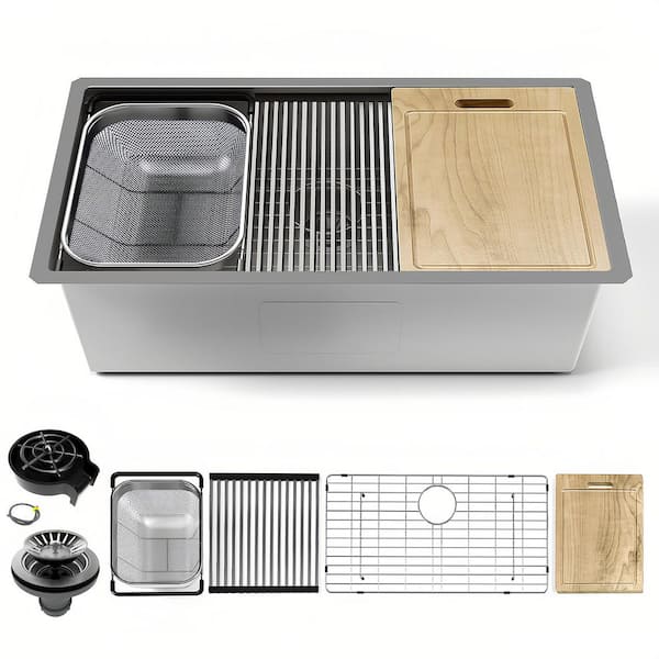 32 in. Undermount Single Bowl 16 Gauge Stainless Steel Kitchen Workstation Sink with Accessories