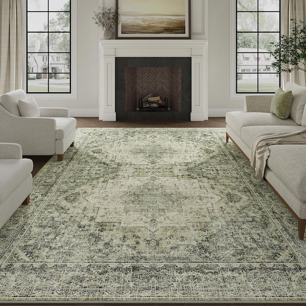 Apollo Green 8 ft. x 10 ft. Vintage Washable Medallion Distressed Area Rug