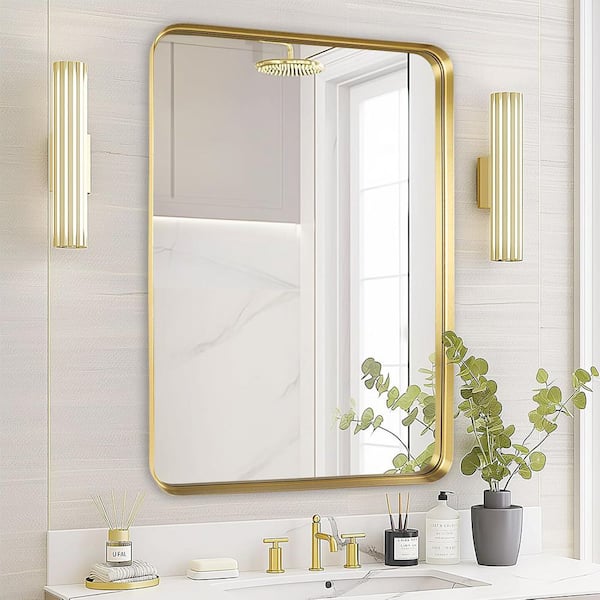 Gold 24 in W x 36 in. H Rectangle Metal  Framed Matte Framed Brushed Mirror