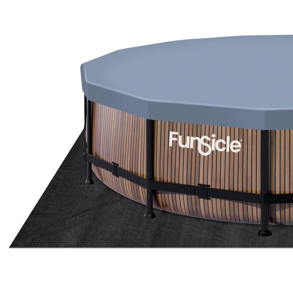 14ft Round Natural Teak Metal Frame Above Ground Pool with Filter Pump