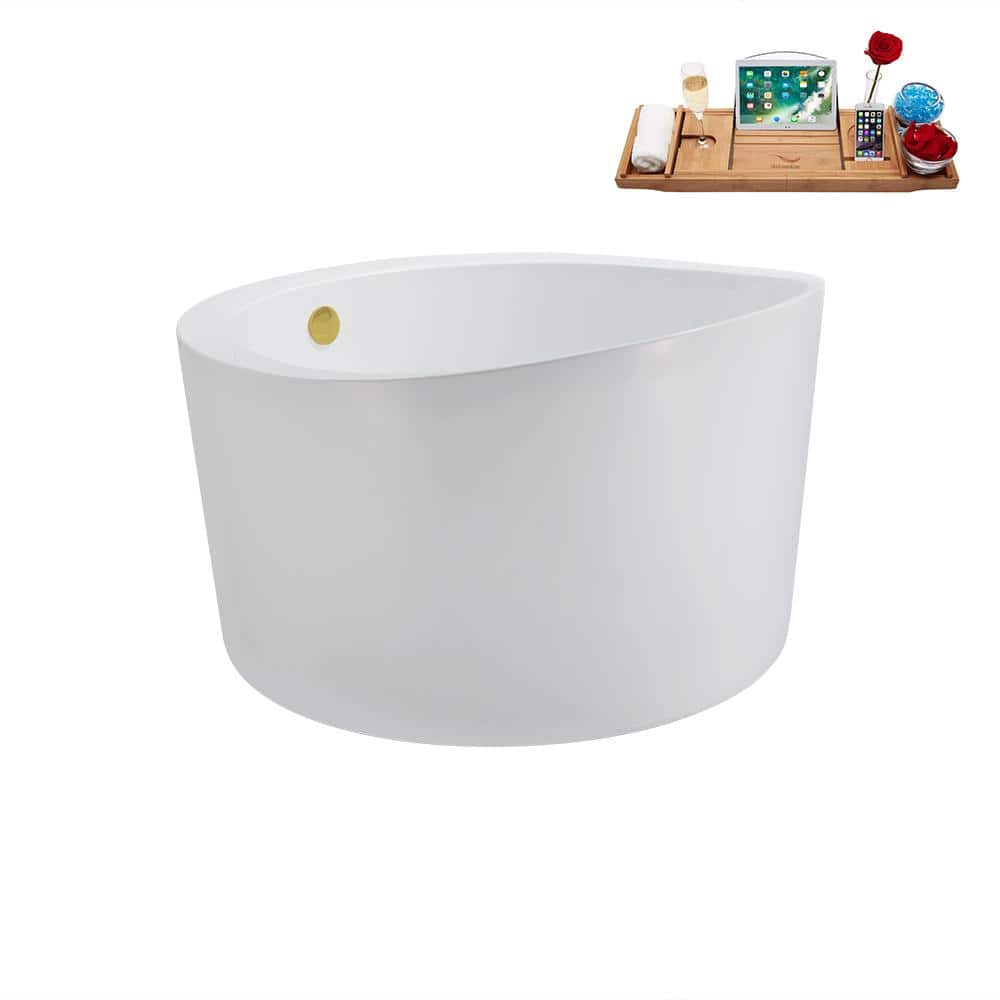 43'' Glossy White Acrylic Freestanding Soaking Bathtub with Brushed Gold Drain