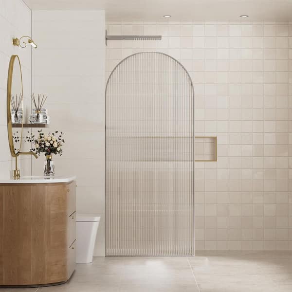 34in W x 78in H Framed Fixed Curved Design Shower Screen Door in Brushed Nickel Finish with 3/8 in. Fluted Glass