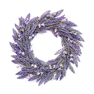 22 in. Artificial Heather Wreath with Purple Flowers on Natural Twig Base