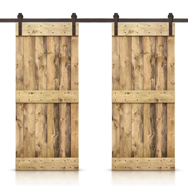 CALHOME 60 in. x 84 in. Mid-Bar Series Weather Oak Stained Solid Pine Wood Interior Double Sliding Barn Door with Hardware Kit