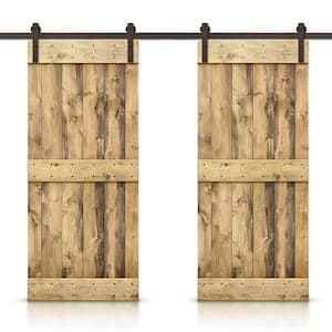 84 in. x 84 in. Mid-Bar Series Weather Oak Stained Solid Pine Wood Interior Double Sliding Barn Door with Hardware Kit