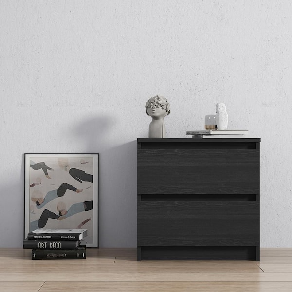 URTR 2Drawer Black Wood Grain Bedroom Night Stands Modern Side Table