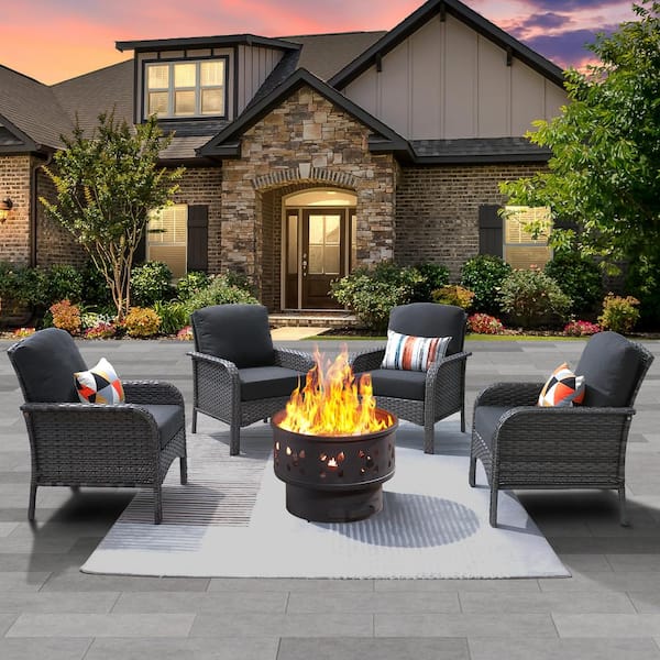 weaxty W New Hyacinth Gray 5-Piece Wicker Patio Wood Burning Fire Pit Conversation Seating Set with Black Cushions