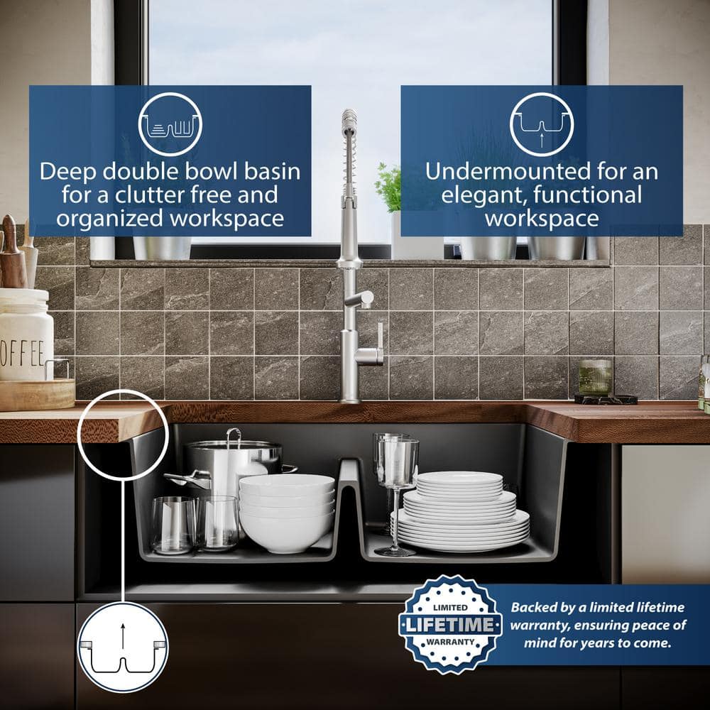Black Quartz 32'' Double Bowl Undermount Kitchen Sink