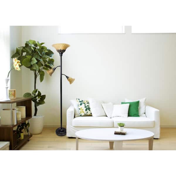71 in. Restoration Bronze 3-Light Torchiere Floor Lamp with Scalloped Glass Shades