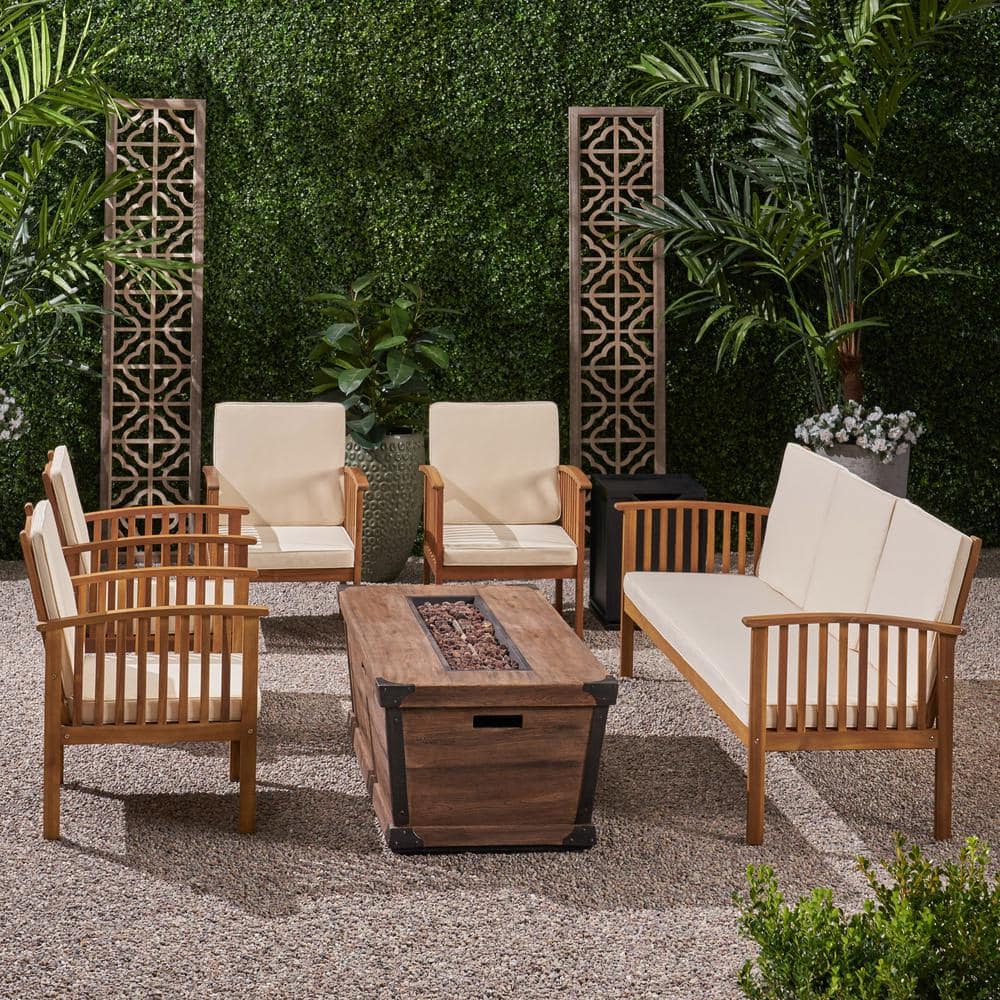 Noble House Carolina Teak Brown 7-Piece Wood Patio Fire Pit Seating Set ...