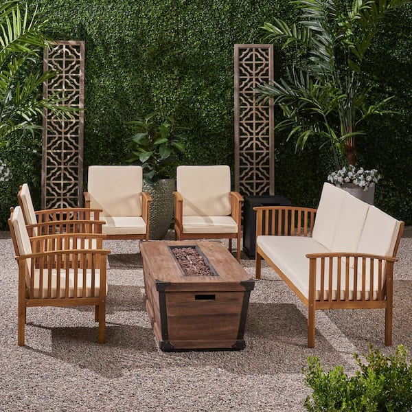 Carolina Teak Brown 7-Piece Wood Outdoor Patio Fire Pit Seating Set with Cream Cushions