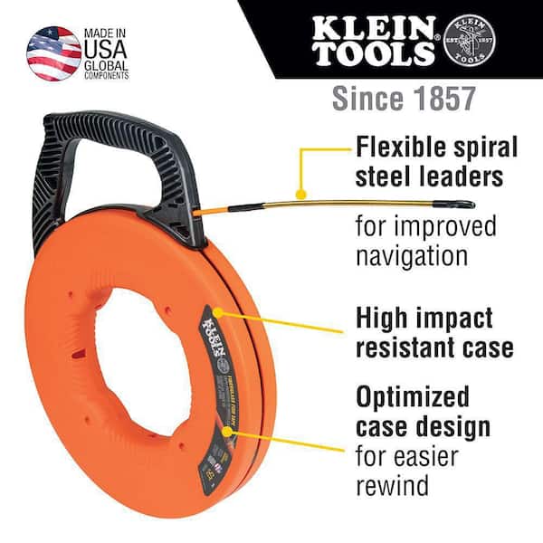 Klein Tools 56350 Fiberglass Fish Tape with Spiral Steel Leader 50