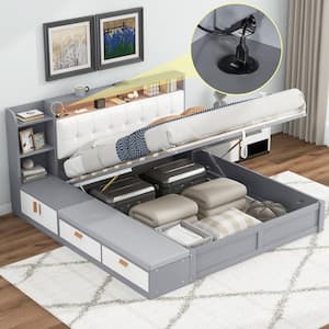 Gray Wood Frame Queen PU Platform Bed with Hydraulic Storage, Linen Lounge, LED Storage Headboard, USB, Drawers Shelves