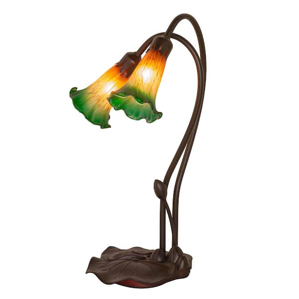 Pond Lily 16 in Mahogany Bronze Novelty Victorian Accent Table Lamp with Amber and Green Glass Shade
