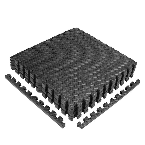 American Floor Mats Fit-Lock 3/8 Inch Heavy Duty Rubber Flooring -  Interlocking Rubber Tiles (24 x 24 Tile) Solid Black 6' x 8' Set (12  Tiles Total)