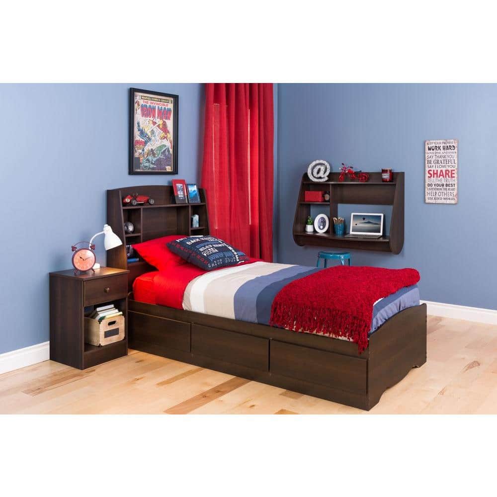 Espresso Twin Wood Bookcase Headboard with Storage