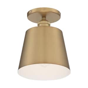 Motif 7.25 in. 1-Light Brushed Brass/White Transitional Semi-Flush Mount with Brass Metal Shade, No Bulbs Included