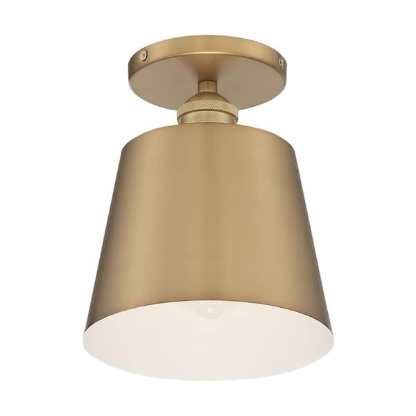 Motif 7.25 in. 1-Light Brushed Brass/White Transitional Semi-Flush Mount with Brass Metal Shade, No Bulbs Included