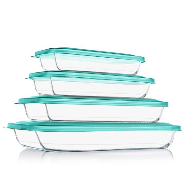 8-Piece Rectangular Glass Baking Dish with Lid for Lasagna, Pasta, Bread, Meat, Fridge-to-Oven, Wide Thick Edge, Green