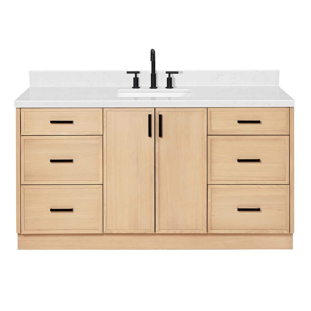 Kelly 66" Light Oak Freestanding Vanity with Carrara Quartz Top