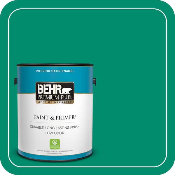 BEHR PREMIUM PLUS 1 gal. #S-G-470 Festive Green Satin Enamel Low Odor Interior Paint & Primer