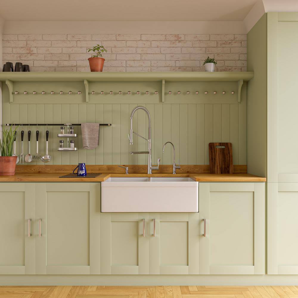 White 32" Double Bowl Fireclay Farmhouse Kitchen Sink