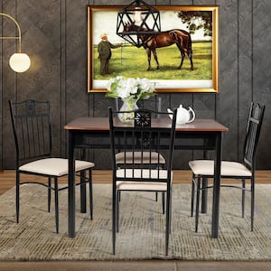 5-Piece Rectangle Wood Top Black Brown Bar Table Set Patio Dining Set Metal Table and Chairs Kitchen Furniture