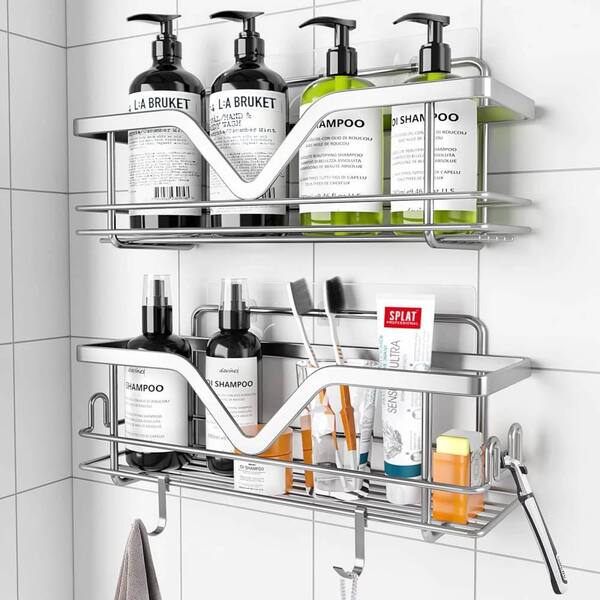 2 Pack Adhesive Shower Caddy, Wall Mount Shower Organizer with Hooks, No  Drilling Rustproof Stainless Steel Self-Adhesive Shower Shelves for  Bathroom