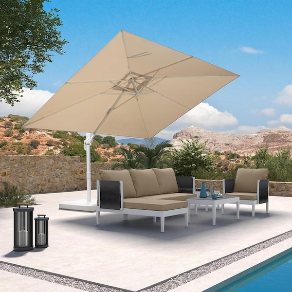 PURPLE LEAF 9 ft. x 11 ft. Outdoor Patio Cantilever Umbrella White Aluminum Offset 360° Rotation Umbrella in Beige