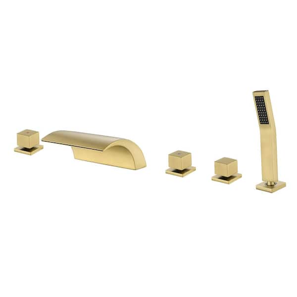 Miscool Ami 2-Handle5Hole Tub Deck Mount Roman Tub Faucet with Hand Shower in Brushed Gold