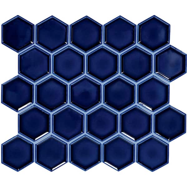 Artefino Jewel Sapphire 12 in. x 14 in. Glossy Porcelain Framed Hex Mosaic Tile (10.5 sq. ft. /case)