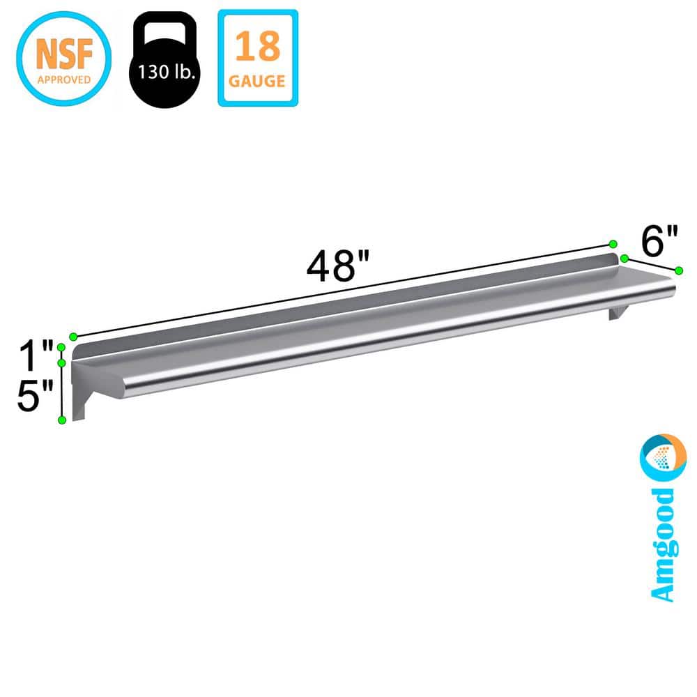 48" Stainless Steel Wall Shelf with Brackets for Kitchen and Utility Rooms